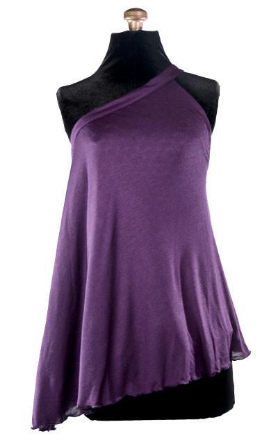 Model wearing headband and matching Swing Top an asymmetrical top| Solar Eclipse a textured knit of black grays and whites paired with Jersey Knit in Purple | Handmade in Seattle WA | Pandemonium Millinery
