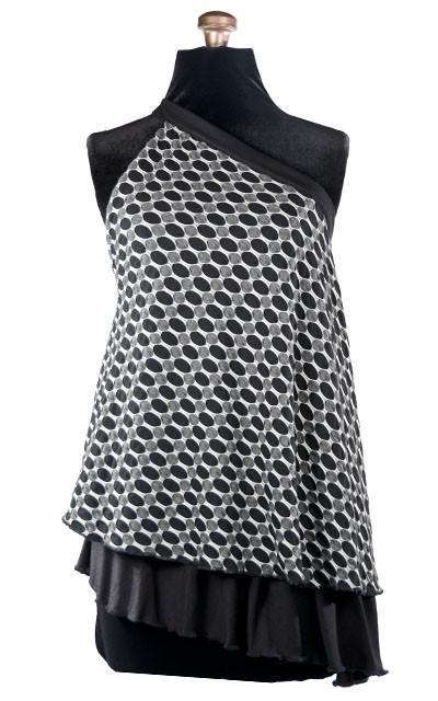 Product shot of Swing Top an asymmetrical top| Solar Eclipse a textured knit of black grays and whites paired with Jersey Knit in Black | Handmade in Seattle WA | Pandemonium Millinery