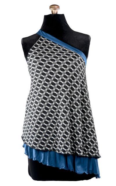 Product shot of Swing Top an asymmetrical top| Solar Eclipse a textured knit of black grays and whites paired with Jersey Knit in Blue | Handmade in Seattle WA | Pandemonium Millinery