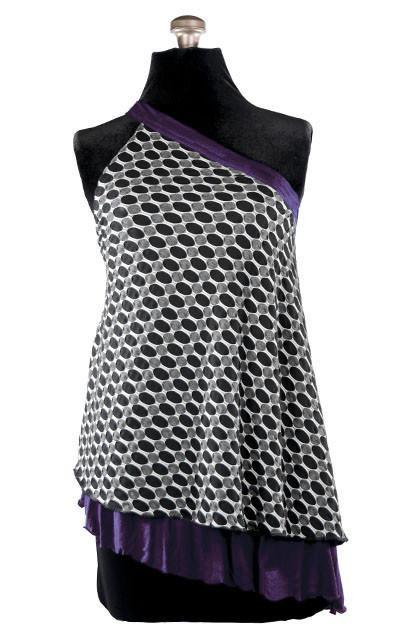 Product shot of Swing Top an asymmetrical top| Solar Eclipse a textured knit of black grays and whites paired with Jersey Knit in Purple | Handmade in Seattle WA | Pandemonium Millinery