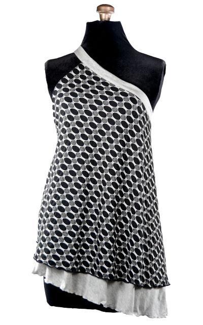Product shot of Swing Top an asymmetrical top| Solar Eclipse a textured knit of black grays and whites paired with Jersey Knit in Gray | Handmade in Seattle WA | Pandemonium Millinery