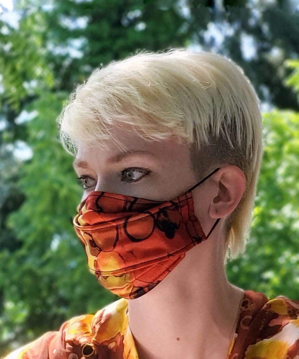 Women's Box Style Face Mask in Carnival Fiesta Silk | Handmade in Seattle WA | Pandemonium Millinery