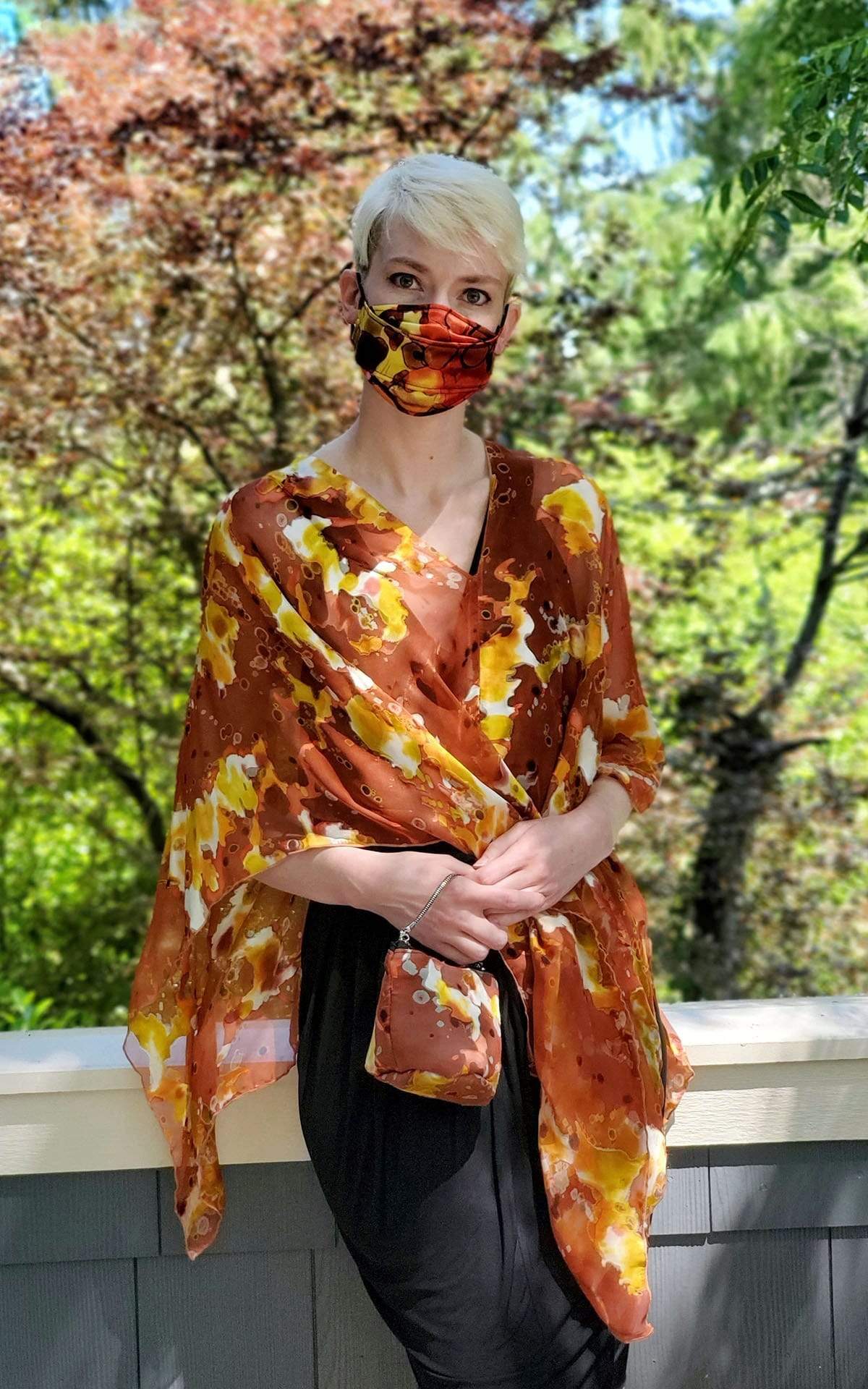 Women&#39;s Box Style Face Mask in Carnival Fiesta Silk with Poncho and Ibiza Bag | Handmade in Seattle WA | Pandemonium Millinery