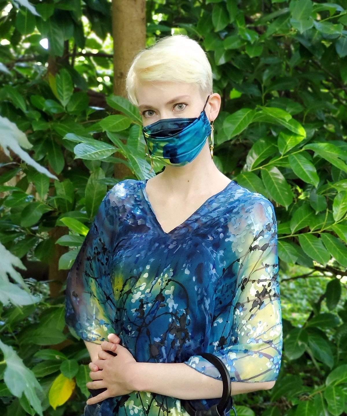 Women's Box Style Face Mask in Calypso Fiesta Silk with Poncho | Handmade in Seattle WA | Pandemonium Millinery
