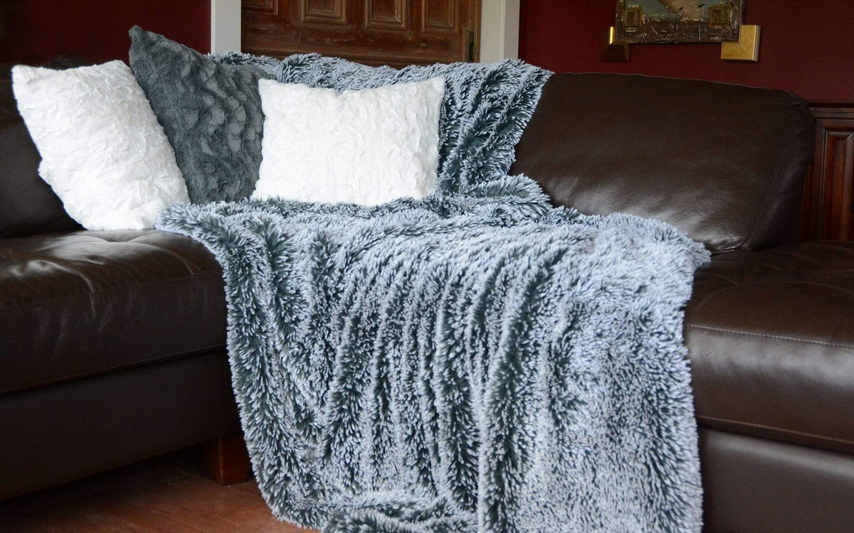 Silver Tipped Fox Blue Steel with Pillows | Luxury Faux Fur Throws | Pandemonium Millinery