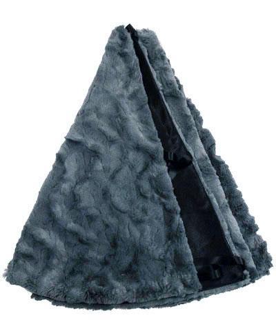 Custom Christmas tree skirt  | Slate, Blue, Gray Faux Fur with red or black lining  | Luxury Faux Fur Designer | Handmade by Pandemonium Millinery Seattle, WA usa