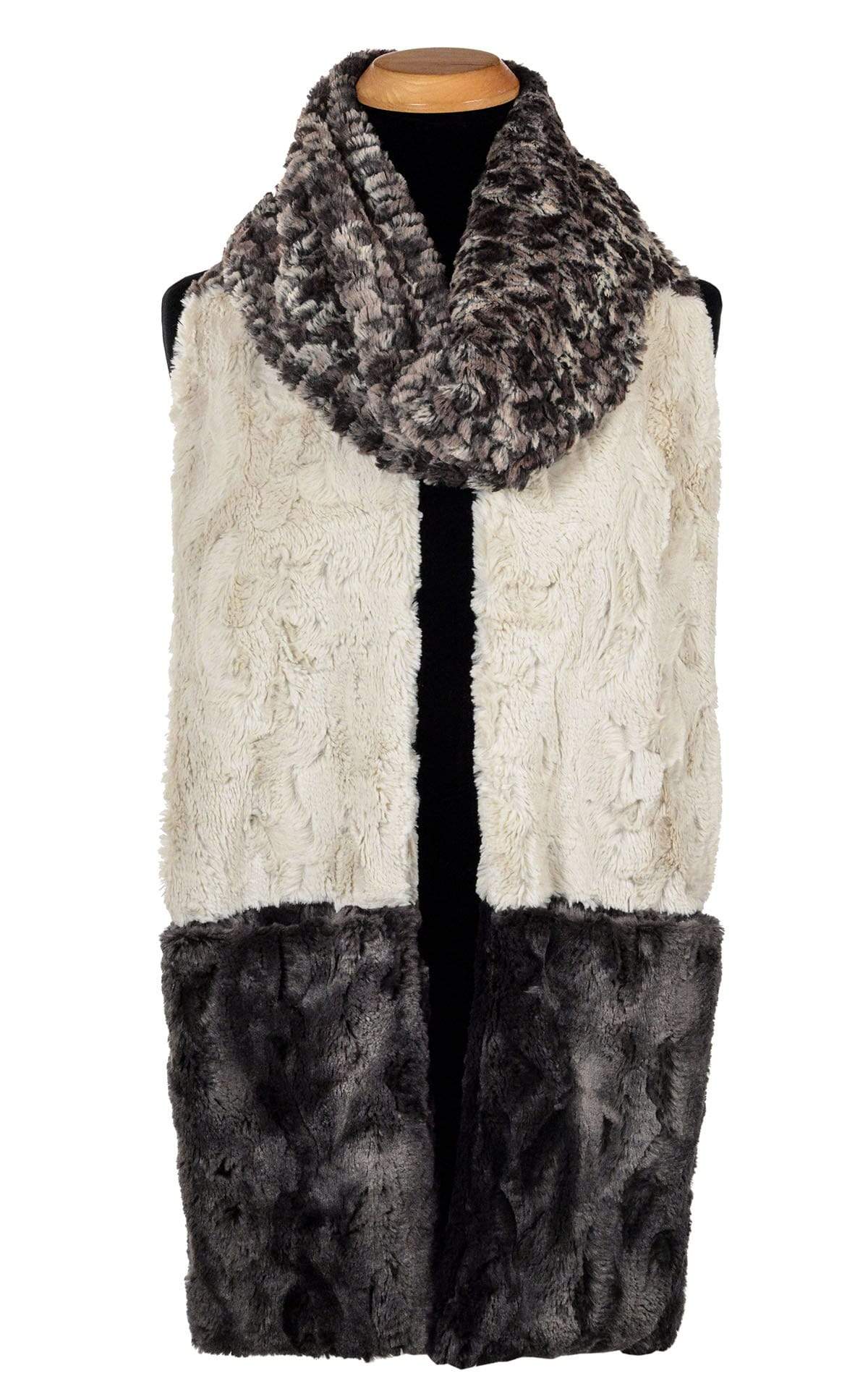 Women in front of wall wearing the Tri-Color Pocket Scarf on mannequin | Calico Cuddly Sand and Espresso Bean Faux Fur, a mix of creams, browns, chocolates and blacks  | Handmade in Seattle WA Pandemonium Millinery