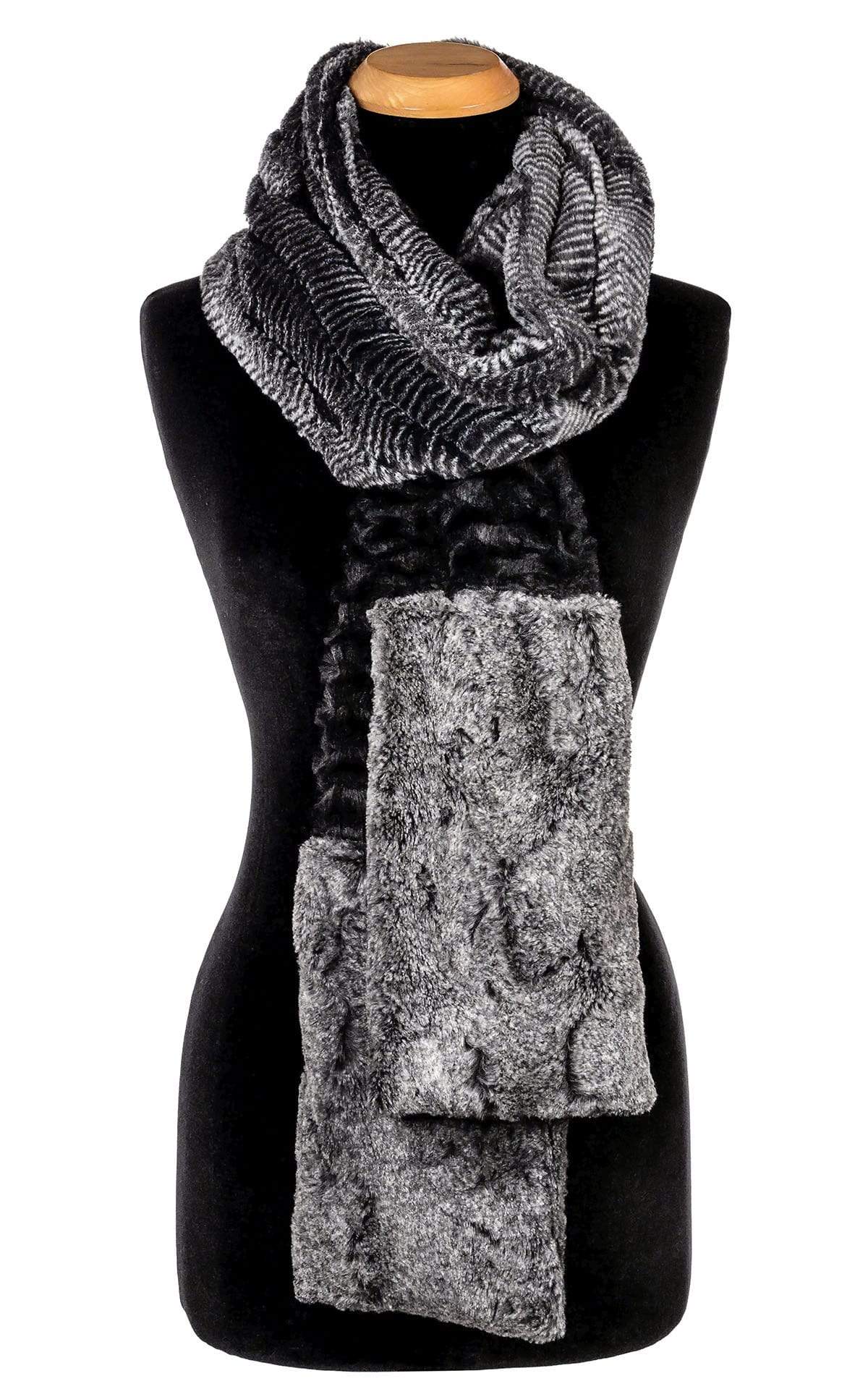 Women’s Product shot of the Color Tri-Color Pocket Scarf on mannequin shown tied | Desert Sand in Midnight, Nimbus and Nightshade combo of blacks grays and cream Faux Fur | Handmade in Seattle WA Pandemonium Millinery