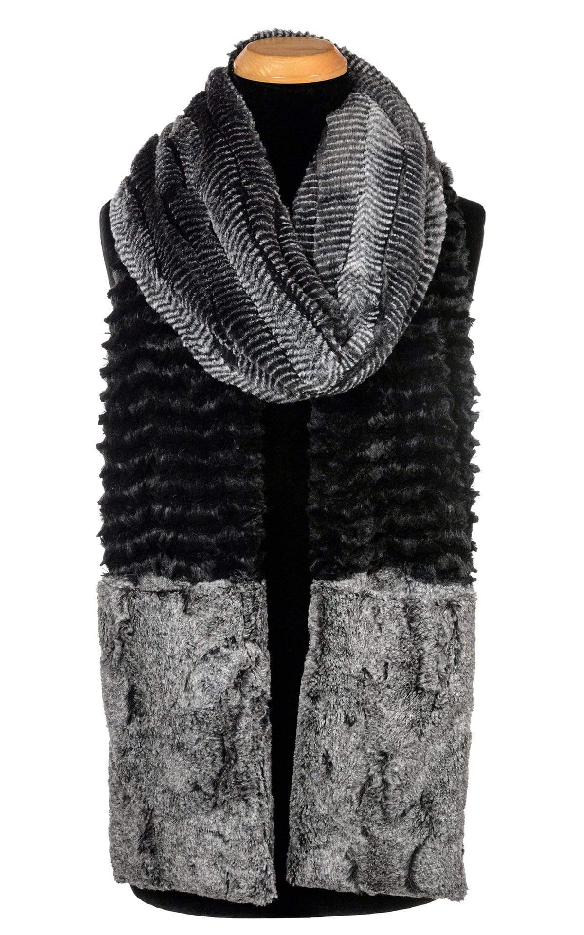 Women’s Product shot of the Color Tri-Color Pocket Scarf on mannequin shown tied | Desert Sand in Midnight, Nimbus and Nightshade combo of blacks grays and cream Faux Fur | Handmade in Seattle WA Pandemonium Millinery