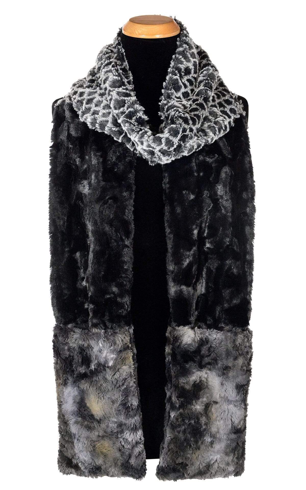 Product shot of the Color Tri-Color Pocket Scarf on mannequin | Snow Owl, Cuddly Black, and Highland in Skye a  combo of blacks grays and blue Faux Fur | Handmade in Seattle WA Pandemonium Millinery