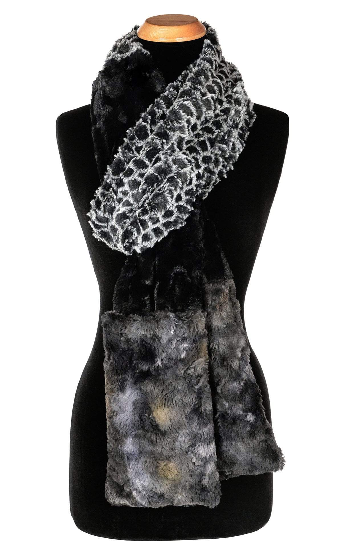 Women in front of Glass and wood doors wearing Beanie hat with Pom Pom with matching  the Color Tri-Color Pocket Scarf | Snow Owl, Cuddly Black, and Highland in Skye a  combo of blacks grays, and blue Faux Fur | Handmade in Seattle WA Pandemonium Millinery