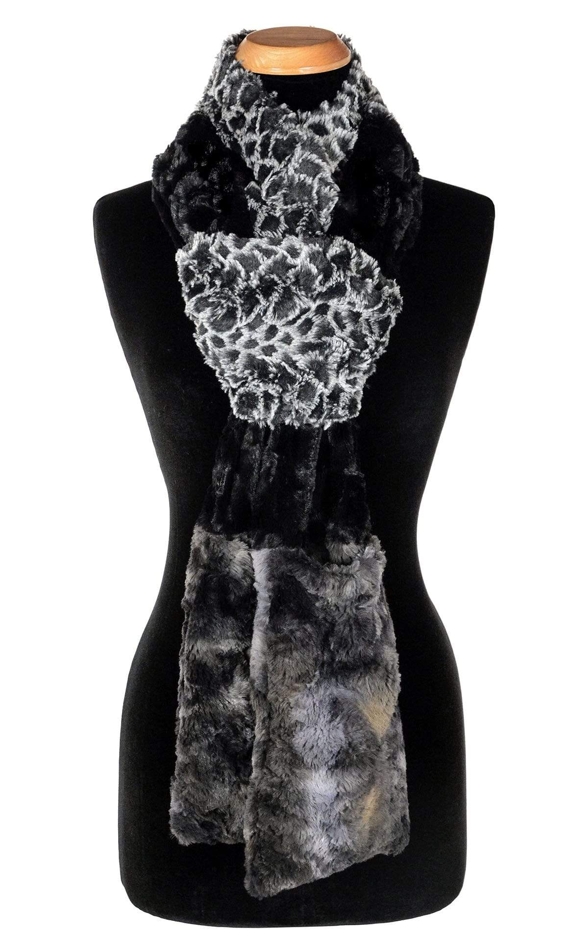 Women’s Product shot of the Color Block  Tri-Color Pocket Scarf on mannequin shown tied | Snow Owl, Cuddly Black, and Highland in Skye a  combo of blacks grays and blue Faux Fur | Handmade in Seattle WA Pandemonium Millinery