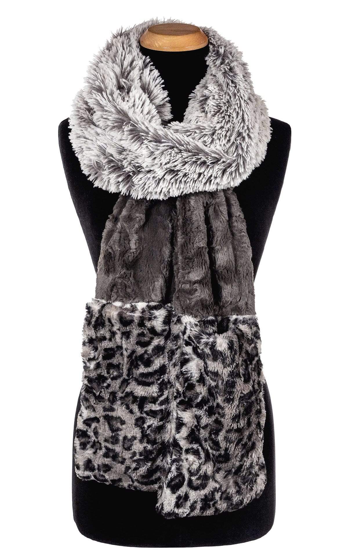 Women’s Product shot of the Color Tri-Color Pocket Scarf  shown tied on mannequin shown tied | Pearl Fox, Savannah Cat animal print and Cuddly Gray a  combo of blacks grays and cream, long and short hair Faux Fur | Handmade in Seattle WA Pandemonium Millinery