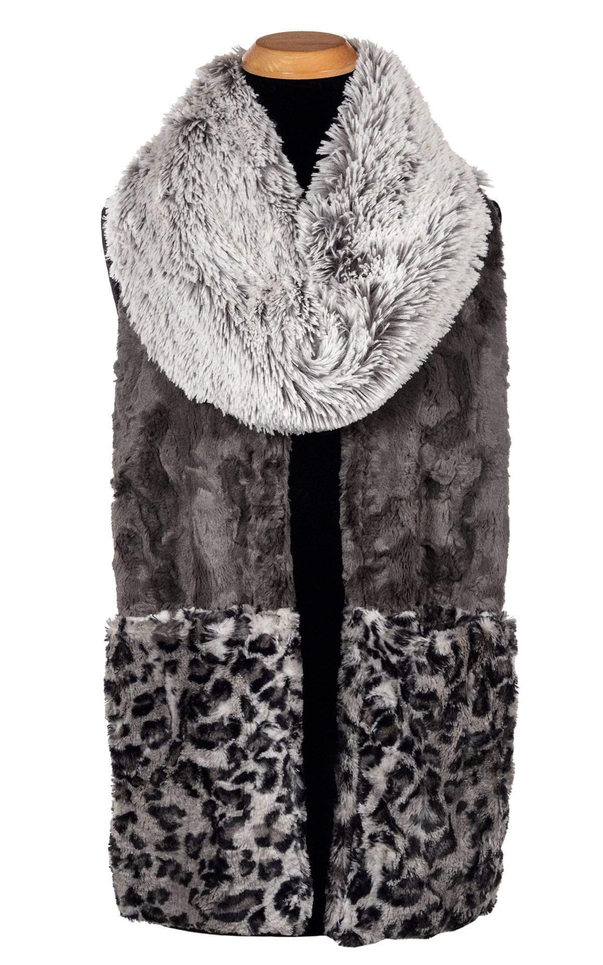 Women leaning against doorway wearing Color Tri-Color Pocket Scarf | Pearl Fox, Savannah Cat animal print and Cuddly Gray a  combo of blacks grays and cream, long and short hair Faux Fur | Handmade in Seattle WA Pandemonium Millinery