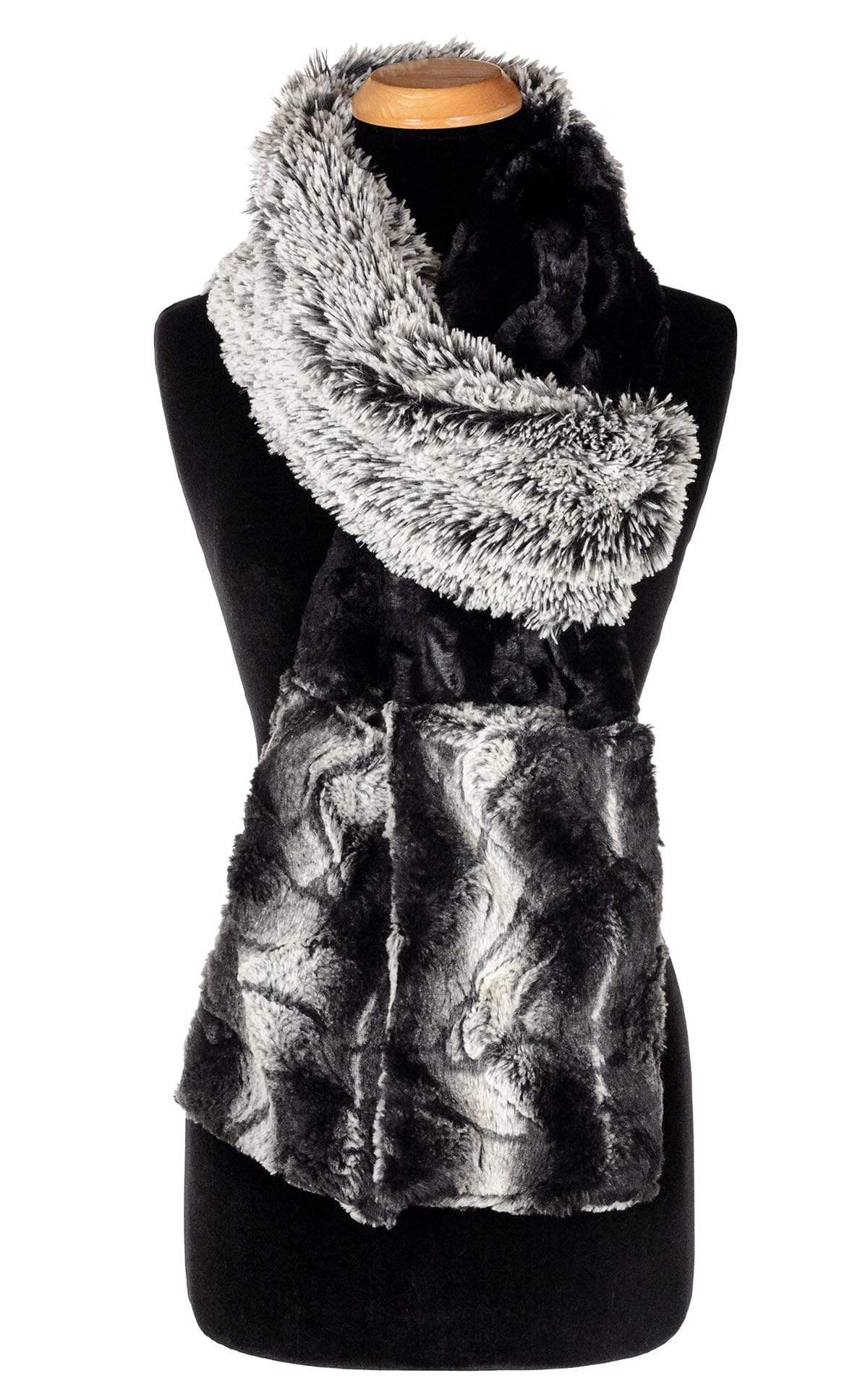 Women&#39;s Color Tri-Color Pocket Scarf on mannequin shown tied | Silver Tipped Fox in Black, Honey Badger and Cuddly Black a  combo of blacks and cream, long and short hair Faux Fur | Handmade in Seattle WA Pandemonium Millinery