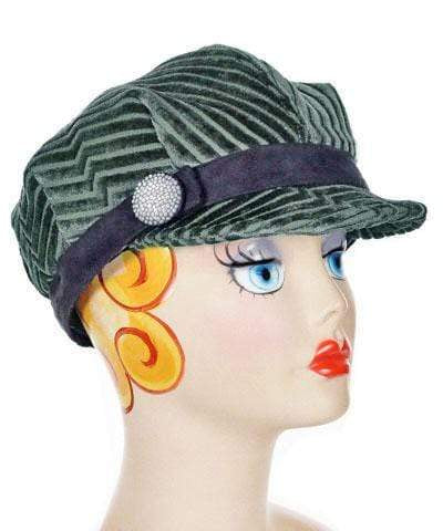 Model wearing Valerie Newspaper Boy Style Hat with Button Trim | Chenille in Bonsai Upholstery| Handmade by Pandemonium Millinery | Seattle WA