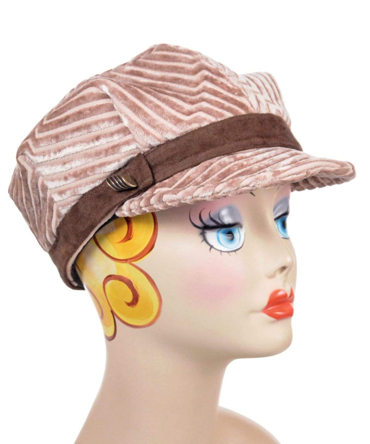 Pandemonium Millinery | Valerie Cap Style | Chenille in Cherry Blossom Upholstery Fabric| Small Bronze Metal Button Trim | Handmade in Seattle  WA  USA