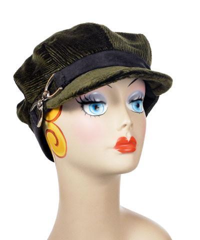 Model wearing Valerie Cap Style Hat with Black Band | Cohen in Olive Upholstery| Handmade by Pandemonium Millinery | Seattle WA