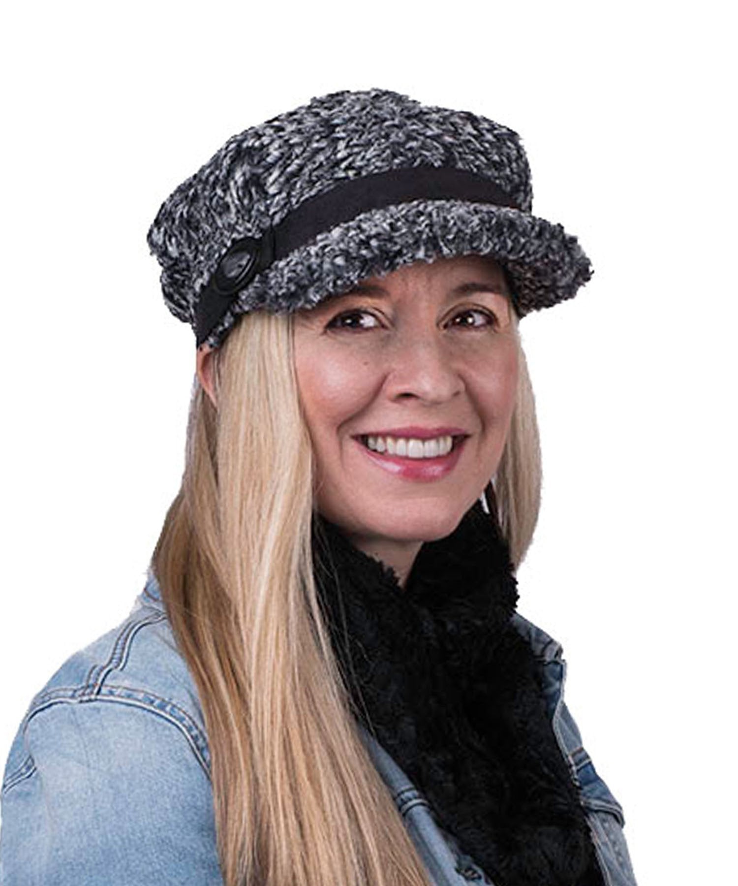 Model wearing Valerie Newspaper Boy Style  Hat with Button Trim | Cozy Cable in Ash Faux Fur  | Handmade by Pandemonium Millinery  | Seattle WA