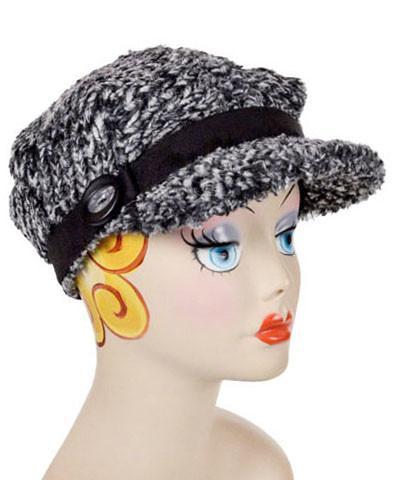 Model wearing Valerie Newspaper Boy Style  Hat with Button Trim | Cozy Cable in Ash Faux Fur  | Handmade by Pandemonium Millinery  | Seattle WA