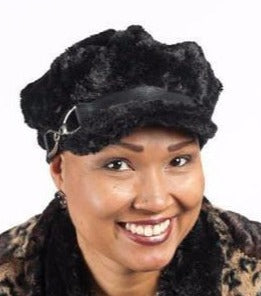 Model is wearing a Valerie Hat Cuddly Faux Fur in Black with Buckle by Pandemonium Millinery. Handmade in Seattle WA USA.