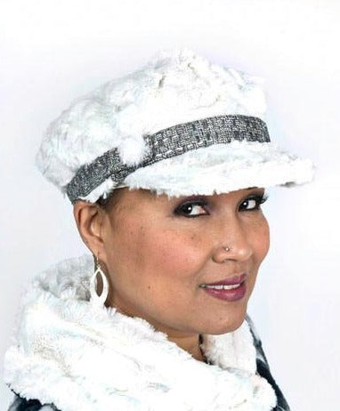 Model wearing Valerie Cap Style Hat with Band |  Cuddly Ivory Faux Fur | Matching Button Trim |Handmade by Pandemonium Millinery | Seattle WA