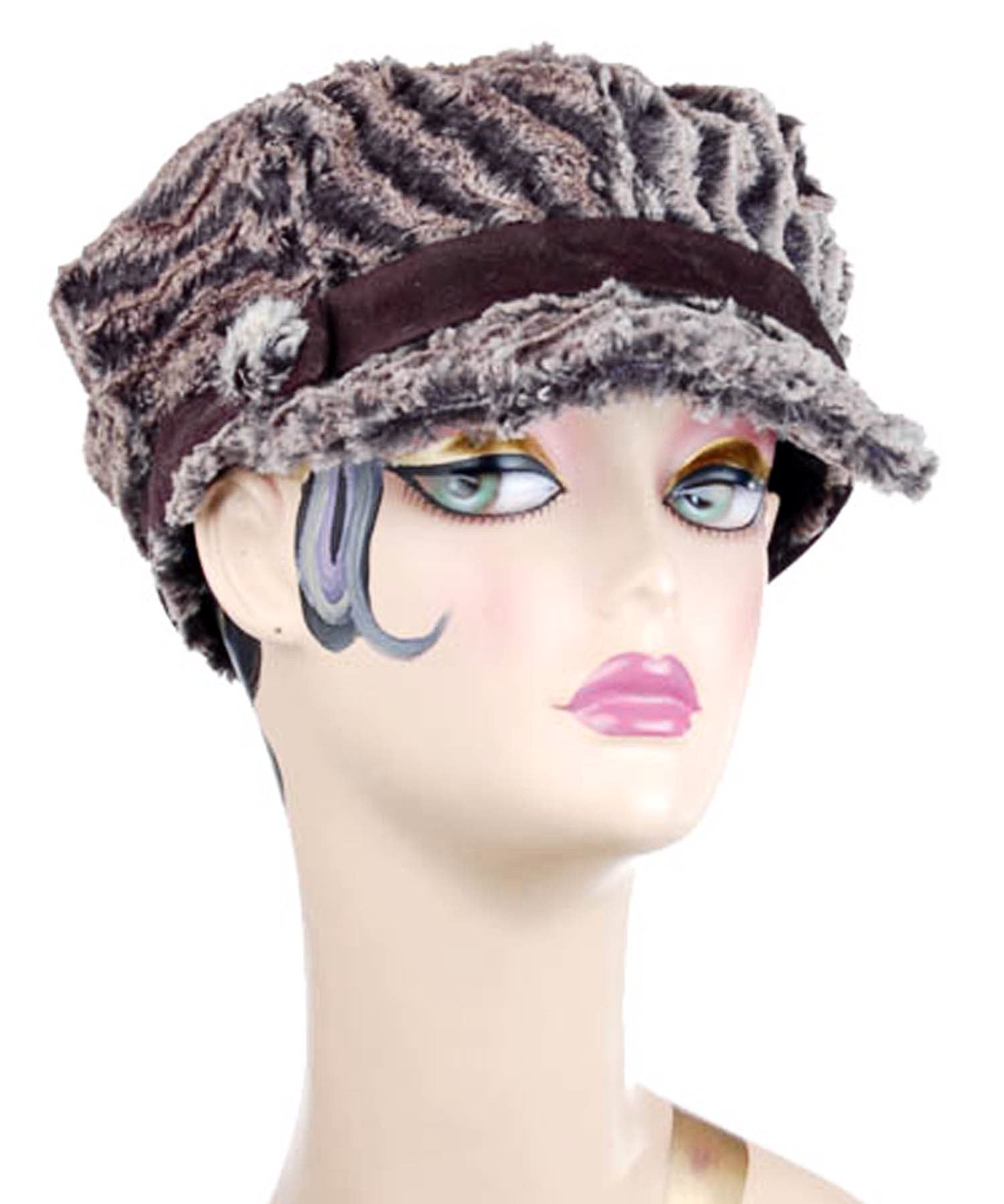 Model is wearing a Valerie Hat Desert Sand in Charcoal with Buckle by Pandemonium Millinery. Handmade in Seattle WA USA.