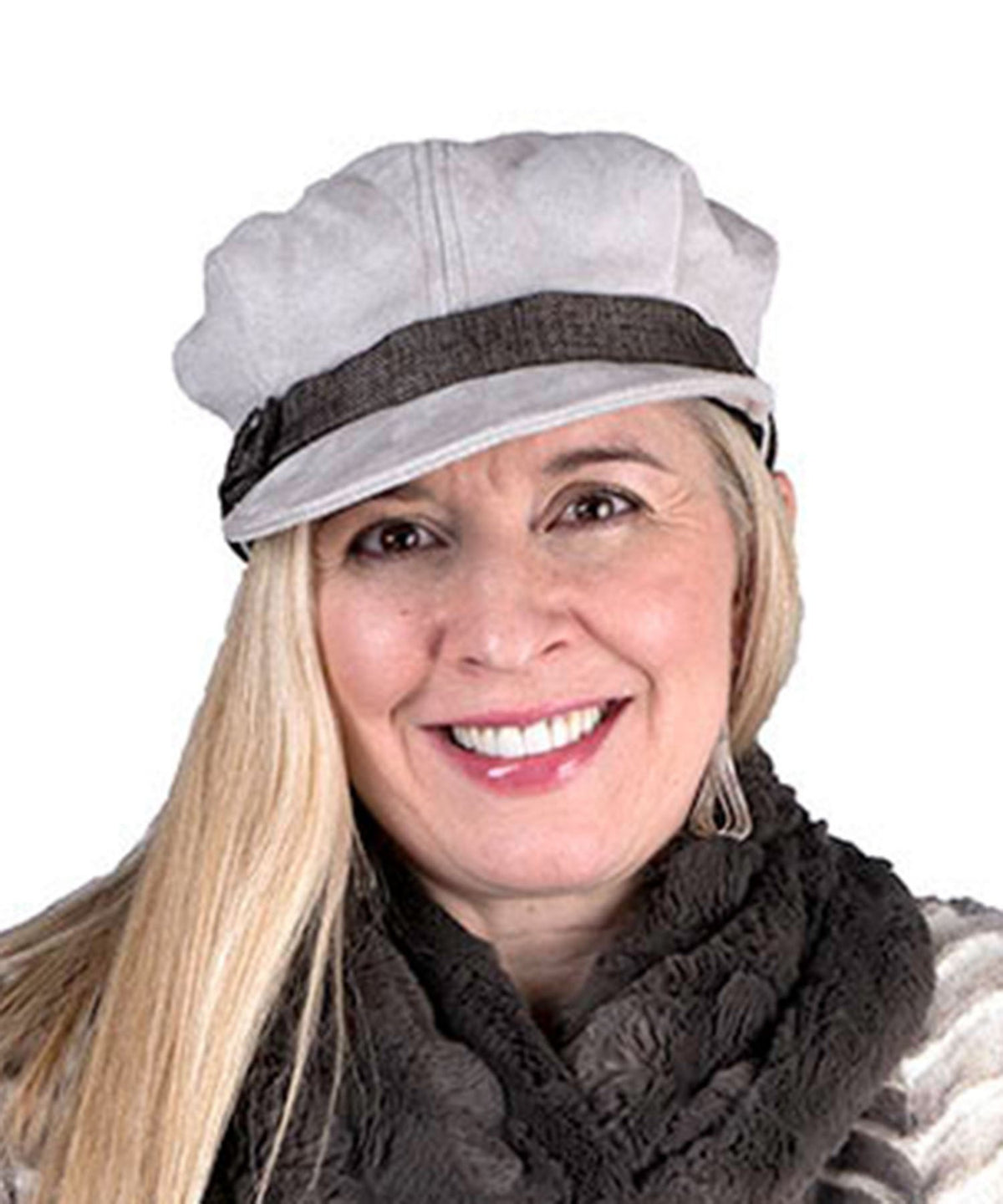 Model wearing Valerie Cap in Silver Faux Suede with Origin Linen Band | Handmade by Pandemonium Millinery | Seattle WA USA