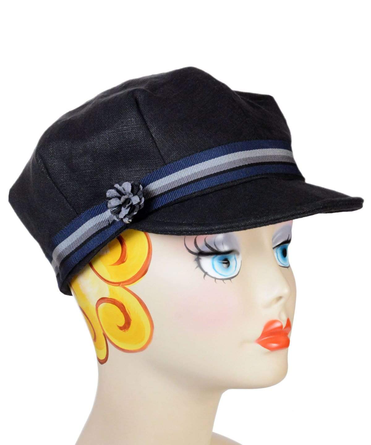 Model wearing Valerie Newsboy Style Cap |  Linen in Black | Black and White Floral Brooch | Handmade By Pandemonium Millinery | Seattle WA USA