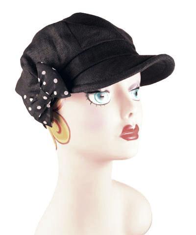 Model wearing Valerie Newsboy Style Cap | Linen in Black | Black and White Polka Bow Brooch | Handmade By Pandemonium Millinery | Seattle WA USA