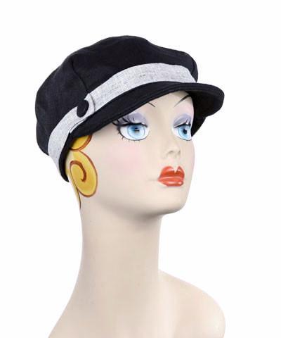 Valerie Cap  Style Hat | Linen in Black | Linen in Metallic Silver Band with Matching Button | Handmade By Pandemonium Millinery | Seattle WA USA
