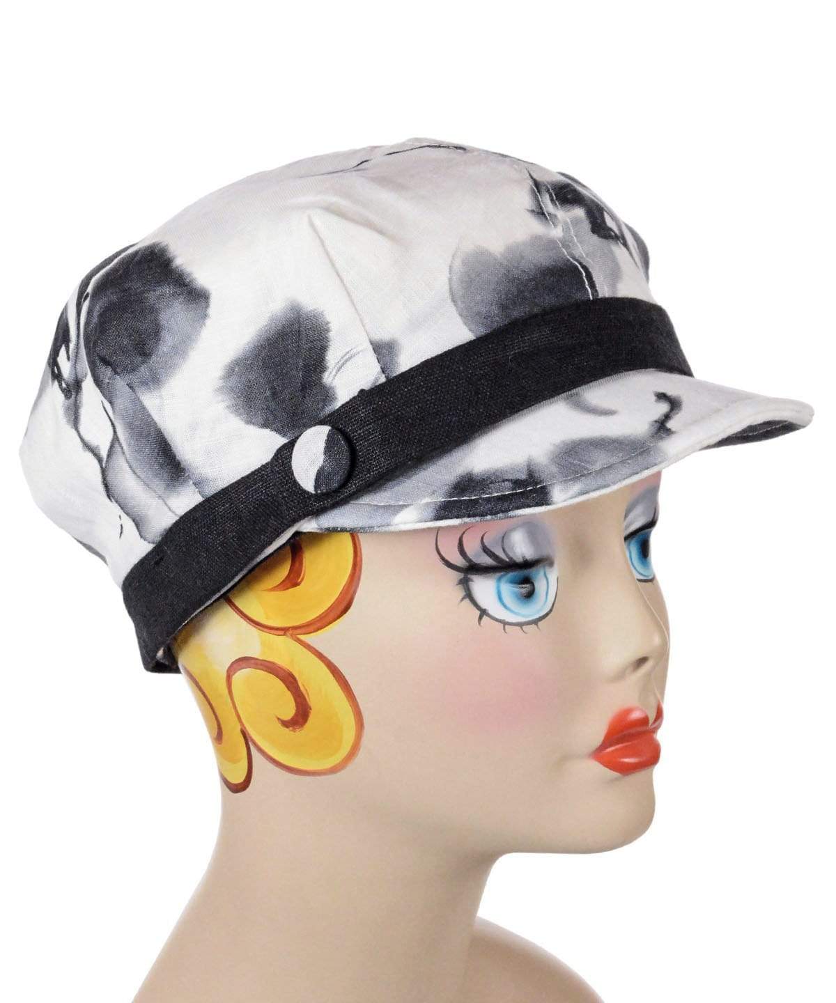 Valerie Cap Style Hat with Black Linen Band | Linen in Black White Floral | Handmade by Pandemonium Millinery | Seattle WA