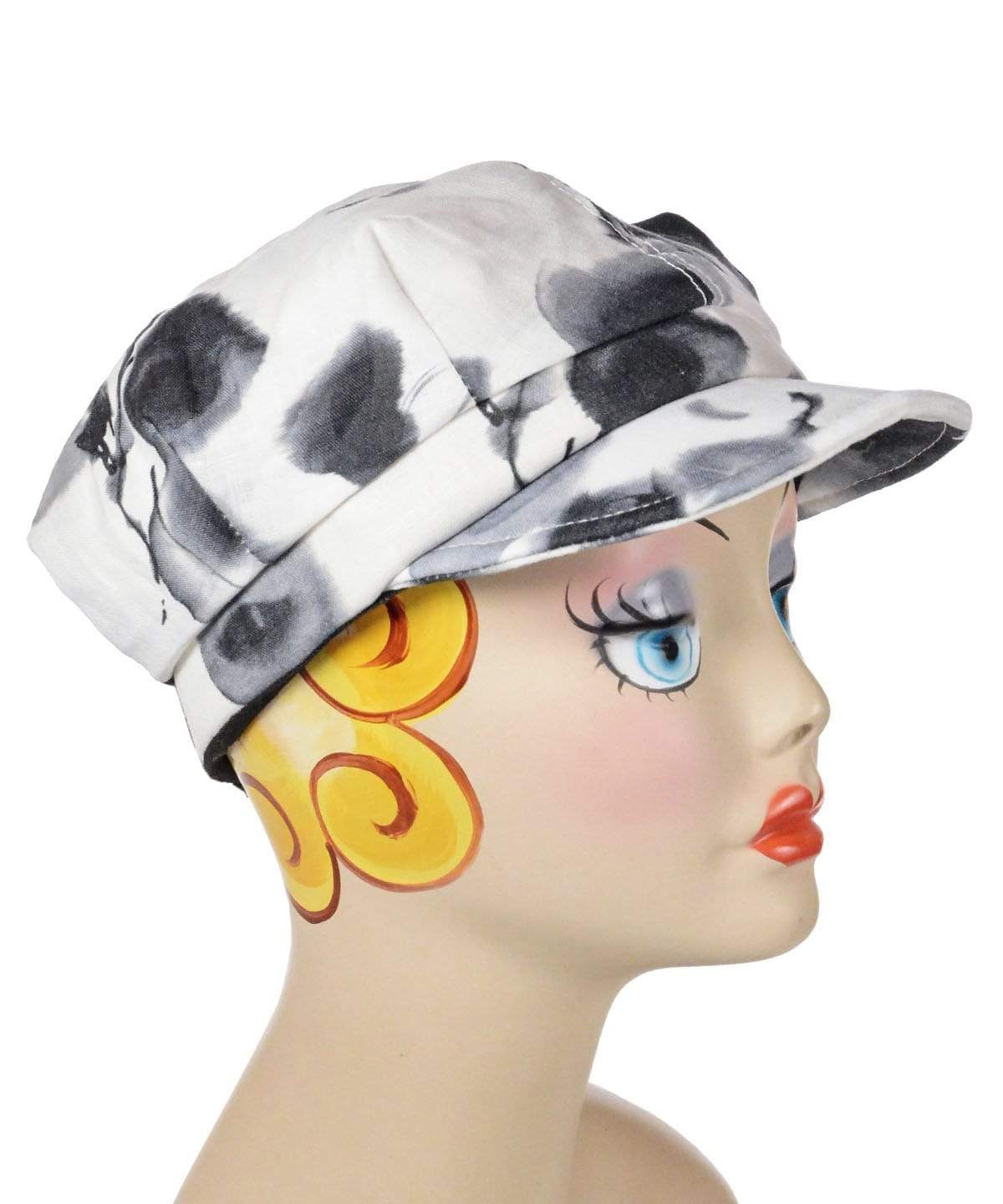 Valerie Cap Style Hat with Black Linen Band | Linen in Black White Floral | Handmade by Pandemonium Millinery | Seattle WA