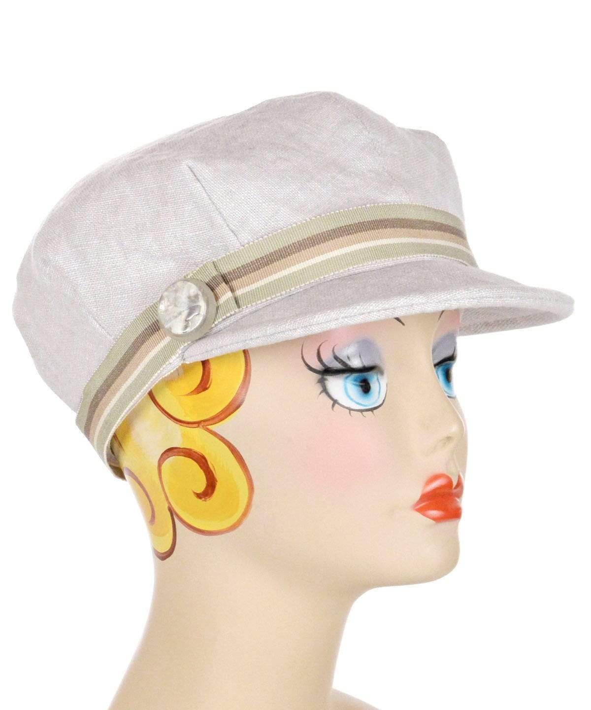 Model wearing Valerie Cap Style Hat in Linen in Bone | Multi-Stripe Band | Handmade by Pandemonium Millinery | Seattle WA