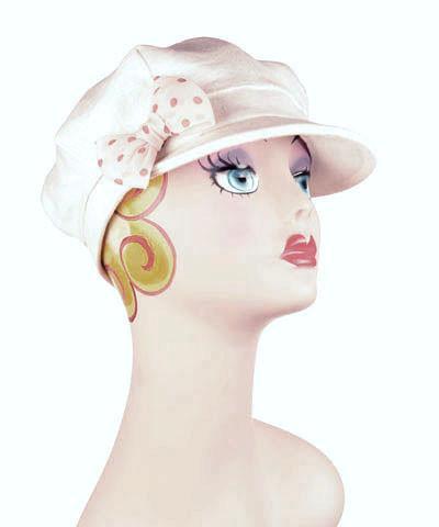 Valerie Newspaper Boy Style Cap in Linen in Seashell | Beige Cream Polka Dot Bow Brooch | Handmade by Pandemonium Millinery | Seattle WA USA