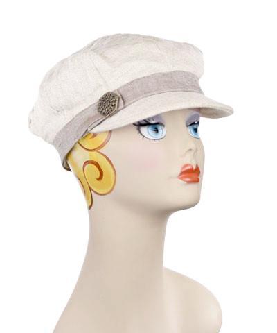 Valerie Style Cap in Linen in Seashell | Linen in Coral Band and Hexagon shape Metal Button | Handmade by Pandemonium Millinery | Seattle WA USA