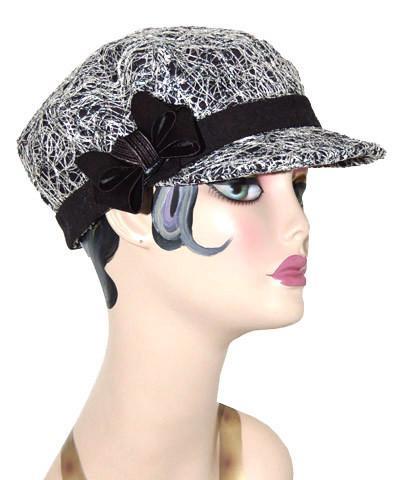 Woman wearing Valerie  Newspaper Boy  Style Cap in Luna in Black | Black Band with Floral Trim | Handmade by Pandemonium Millinery | Seattle WA USA