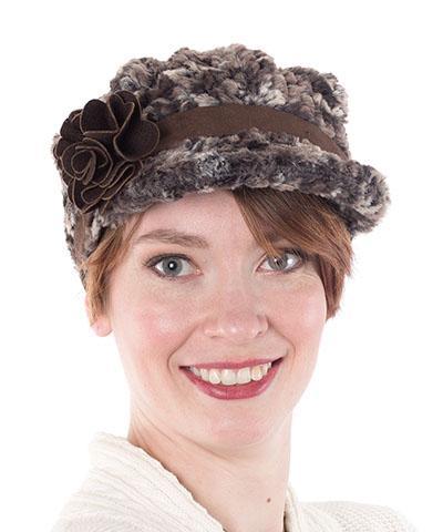 Model is wearing a Valerie Hat Calico Faux Fur with Chocolate Felted Flower Brooch by Pandemonium Millinery. Handmade in Seattle WA USA.