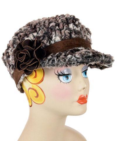 Sideview of Valerie Hat Calico Faux Fur with Chocolate Felted Flower Brooch by Pandemonium Millinery. Handmade in Seattle WA USA.