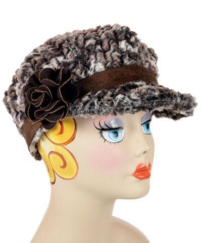 Model is wearing a Valerie Hat Calico Faux Fur with Chocolate Felted Flower Brooch by Pandemonium Millinery. Handmade in Seattle WA USA.