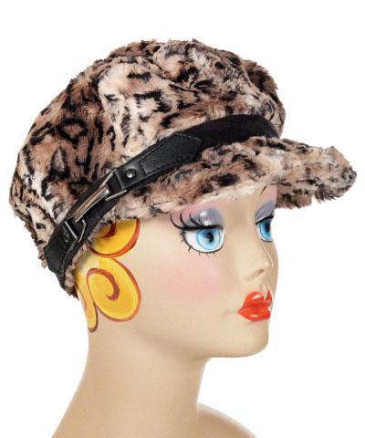 Model wearing  Valerie Cap Carpathian Lynx with Faux Suede Black Band by Pandemonium Millinery. Handmade in Seattle, WA USA.