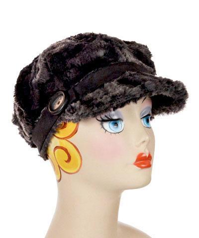 Valerie Cap Style Hat in Espresso Bean Faux Fur with Chocolate Felted Flower Brooch by Pandemonium Millinery. Handmade in Seattle WA USA.