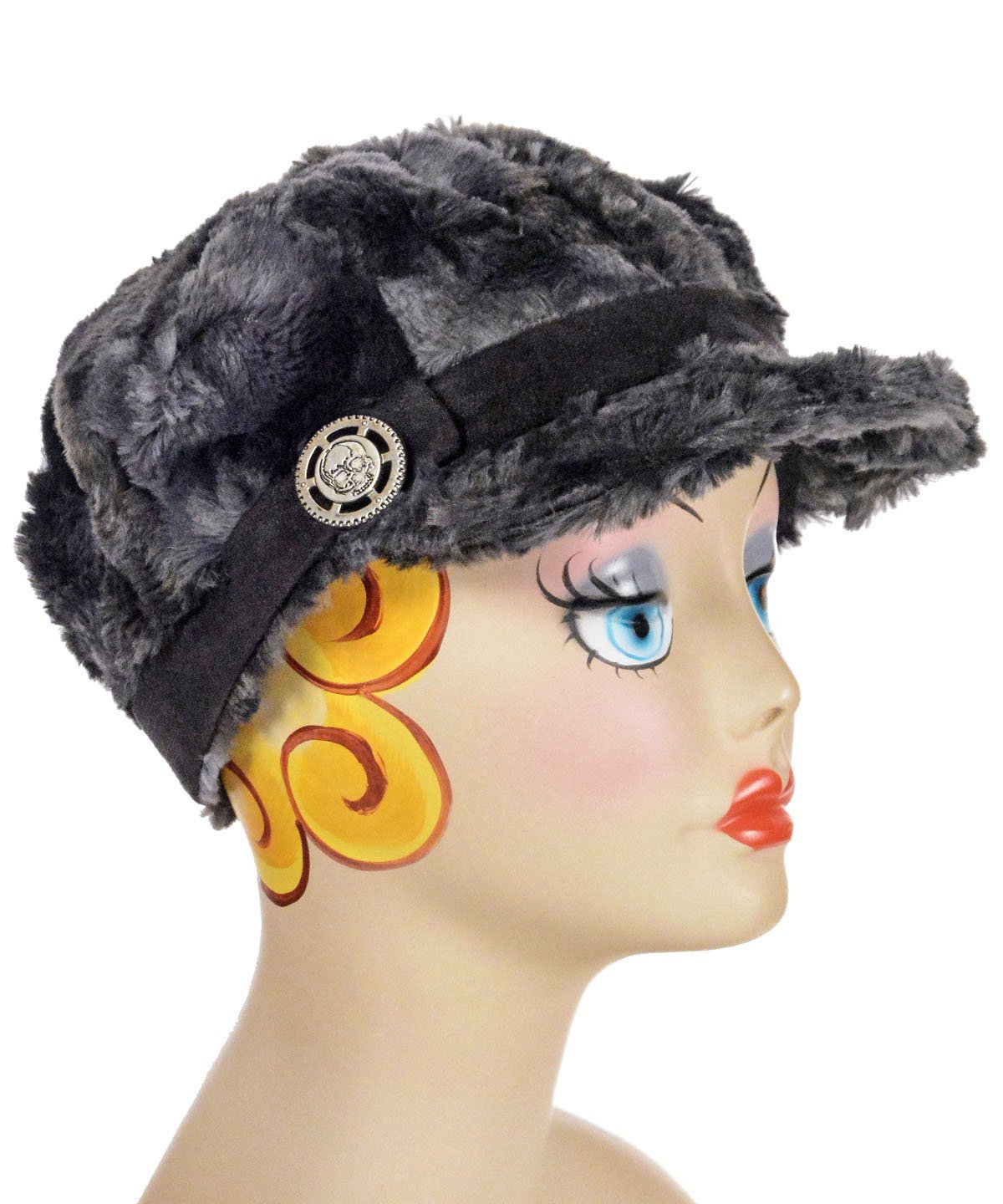  Valerie Newspaper Boy Style Hat Highland in Sky Faux Fur with Band and Skull Button Brooch by Pandemonium Millinery. Handmade in Seattle WA USA.
