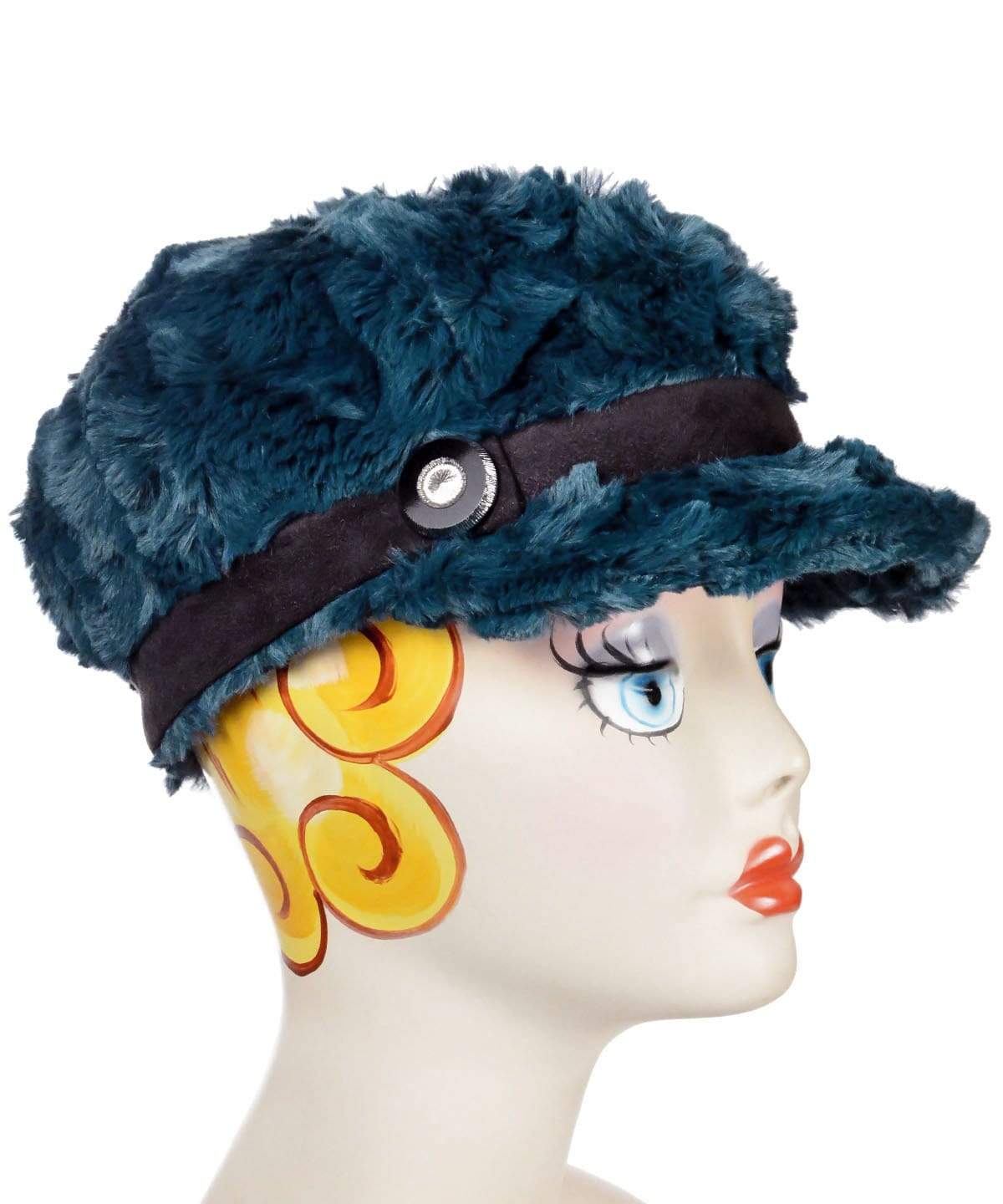 Product shot of Valerie Style Cap Hat in Peacock Pond Faux Fur with a band and button trim by Pandemonium Millinery. Handmade in Seattle, WA.