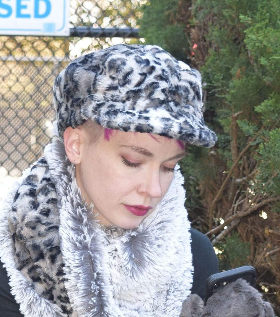 Model on sitting wearing a matching Newsboy Hat and Double Neck Cowl - Luxury Faux Fur in Savannah Cat with Trim Pearl Fox- Handmade USA by Pandemonium Seattle