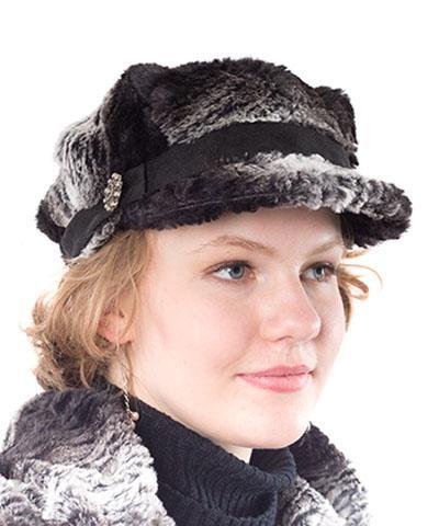 Model wearing a Newsboy Hat | Smouldering Sequoia  Faux Fur | Black Band  with Button Trim|  Handmade USA by Pandemonium Seattle