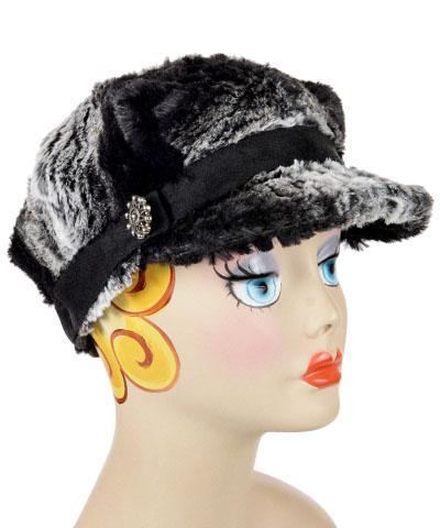 Model wearing a Newsboy Hat | Smouldering Sequoia  Faux Fur | Black Band  with Button Trim|  Handmade USA by Pandemonium Seattle