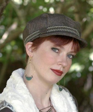 Woman modeling Valerie Cap in Origin | Handmade by Pandemonium Seattle.