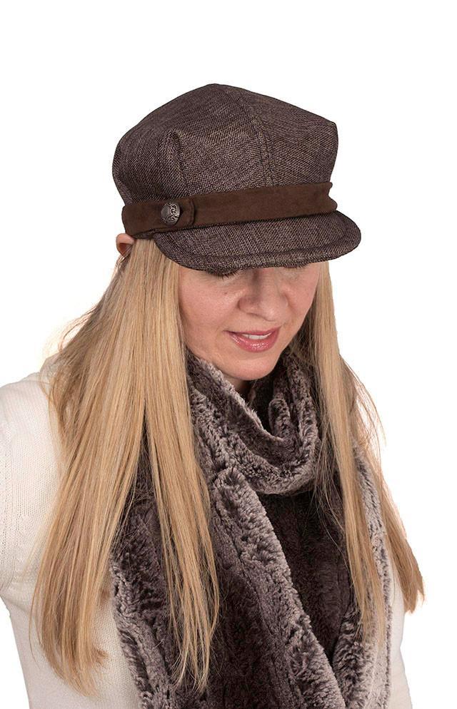 Woman modeling Valerie Cap in Origin | Handmade by Pandemonium Seattle.