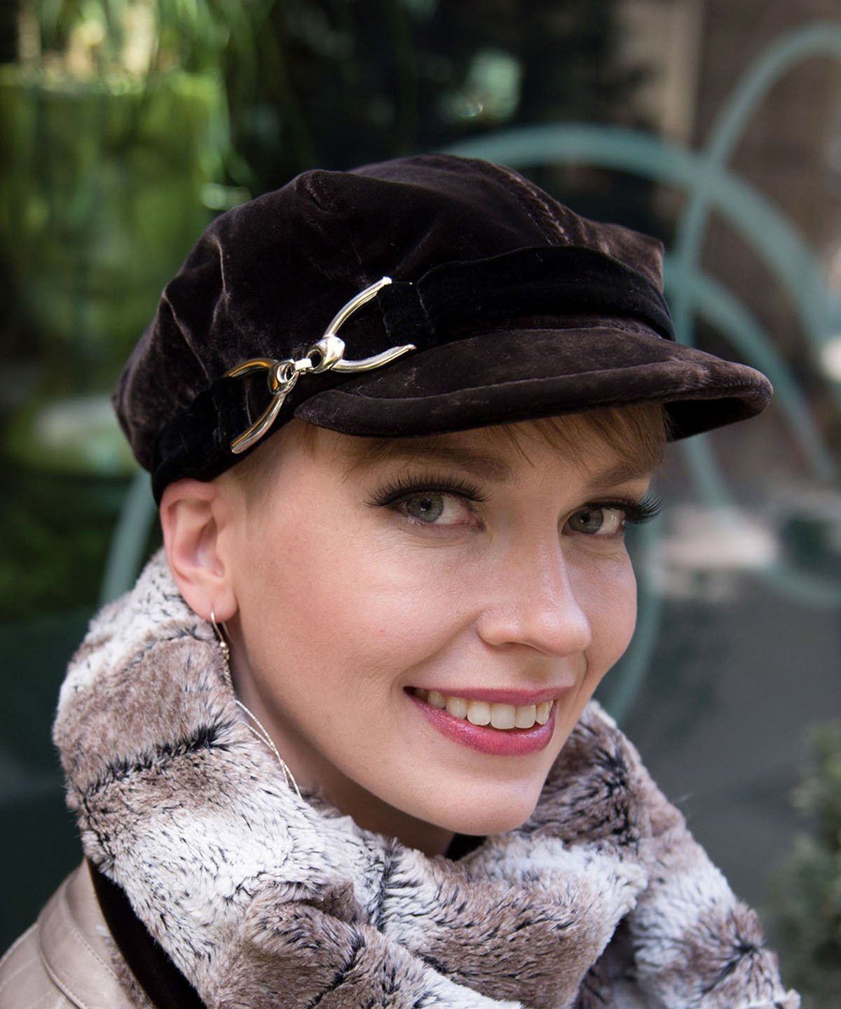 Model wearing Valerie Style Cap Hat in Velvet in Chocolate | Nickel Buckle Trim | Handmade by Pandemonium Millinery | Seattle WA USA